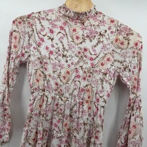 Altar'd State White Pink Floral Print Long Sleeve‎ Tiered Mini Dress Size Large